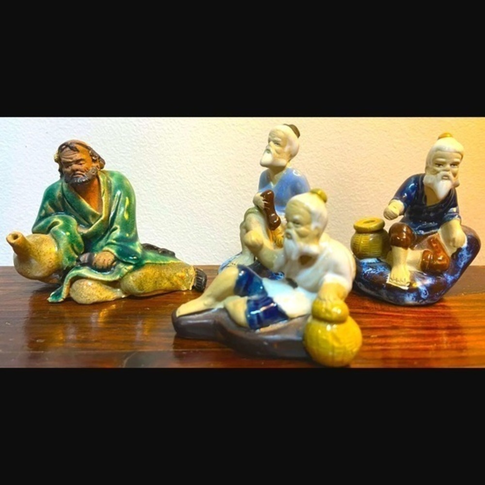 4 Oriental Mud Clay Porcelain Japanese Chinese Glazed Figurines Vintage 70’s
